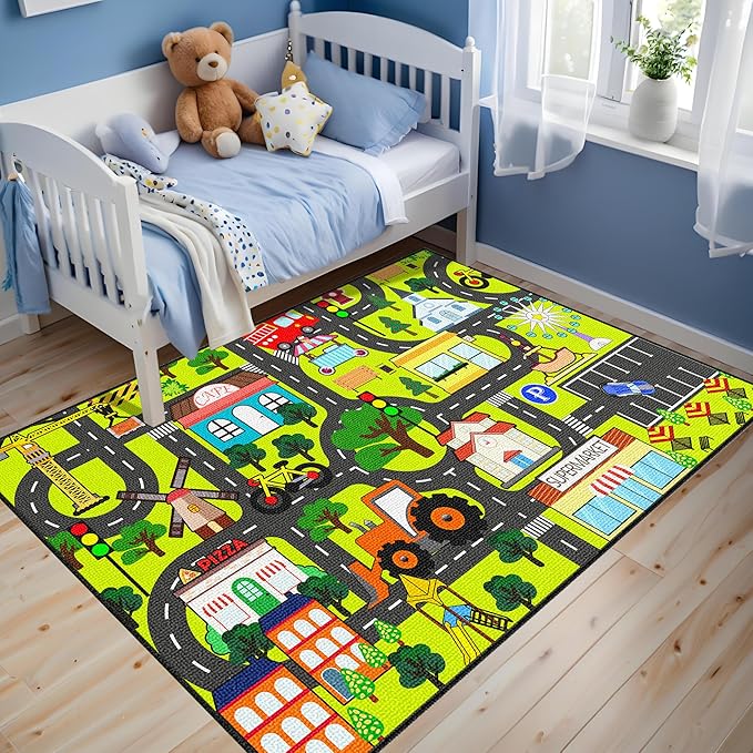 Kids Carpet Playmat Rug - Car Carpet for Kids 2.5x4 Feet, Educational Play Mat Town Traffic Road Map Rug City Life Car Mat for Kids Toy for Bedroom Classroom Nursery Room
