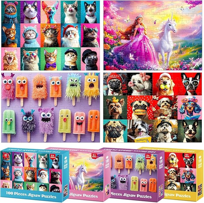 4-Pack 100 Piece Puzzles for Kids Ages 4-6 6-8 8-10 - Cat Dog Portraits Popsicles Unicorn Puzzle for Girls 4-6 Years Old 100 Piece Jigsaw Puzzle for Adults Toddler Children Learning Educational Toys