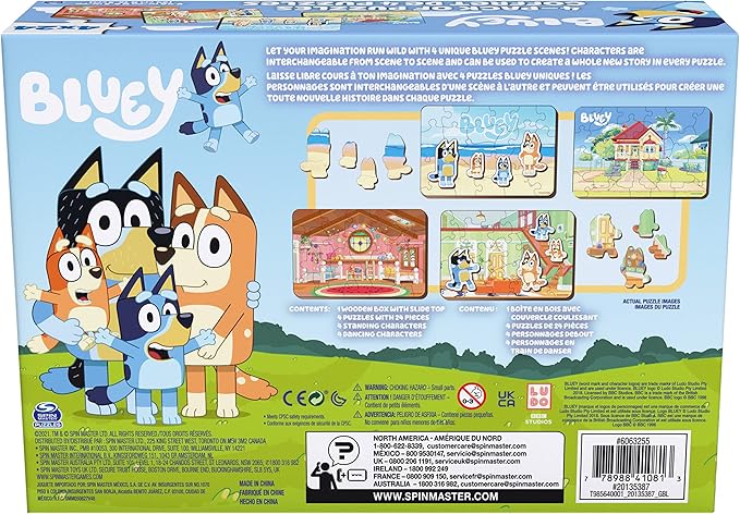 Spin Master Games, Bluey Puzzles 4-Pack, Wooden Jigsaw Puzzles for Preschoolers, 24 Pieces Each, Interchangeable Pieces, Bluey Birthday Gifts, for Kids Ages 3 & Up