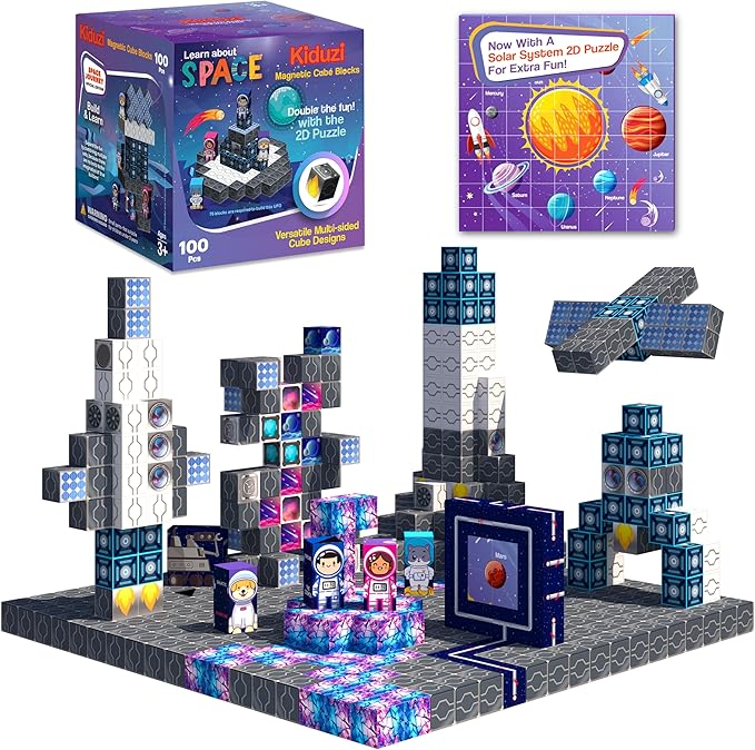 Magnetic Building Blocks – Space Adventure Edition - 100-Piece STEM Toy for Kids 3-10+ - Creative - Screen-Free Fun - 1 inch Strong Magnets, Durable & Travel-Friendly - Great Gift for Boys & Girls