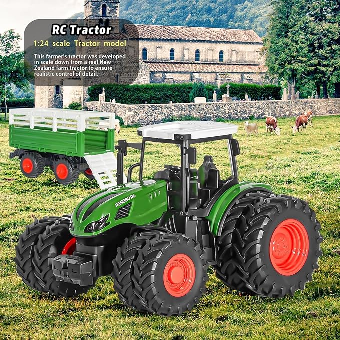 Remote Control Tractor Toy, 2.4 Ghz RC Tractor Toys for Kids 3-5, Toy Tractors Set with Trailer and Light/Loading Arm, Farm Animal Toys Include Cows, Sheep and Hay Bales, Toys for Boys 5-7