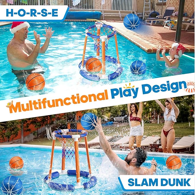Pool Basketball Hoop Poolside, Floating Pool Toys with 4 Basketballs/1 Pump, Swimming Pool Games for Kids Adults, Water Basketball for Pool Basketball Games for Outdoor Indoor Play