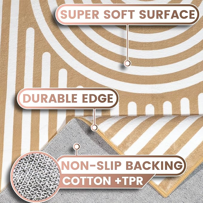 Washable 8x10 Abstract Area Rug for Living Room, Tan Brown Rainbow Modern Boho Throw Rugs, Soft Ultra-Thin Low Pile Stain Resistant Nonslip Indoor Large Carpet for Office Bedroom Playroom Classroom