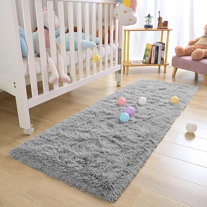 Grey Fluffy Runner Rug for Bedroom Living Room 2x6 Soft Carpet, Long Shaggy Rugs Non Slip for Bedside Dorm Classroom Kids Boys Girls Room Nursery Home Decor