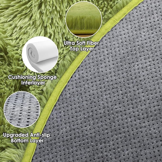 ONASAR Grass Green Round Area Rug 4ft, Soft Bedroom Circle Rugs Floor Mat for Kids Girls Teen Room, Cute Fluffy Plush Shaggy Carpet for Baby Nursery Living Room Playroom Dorm Home Decor