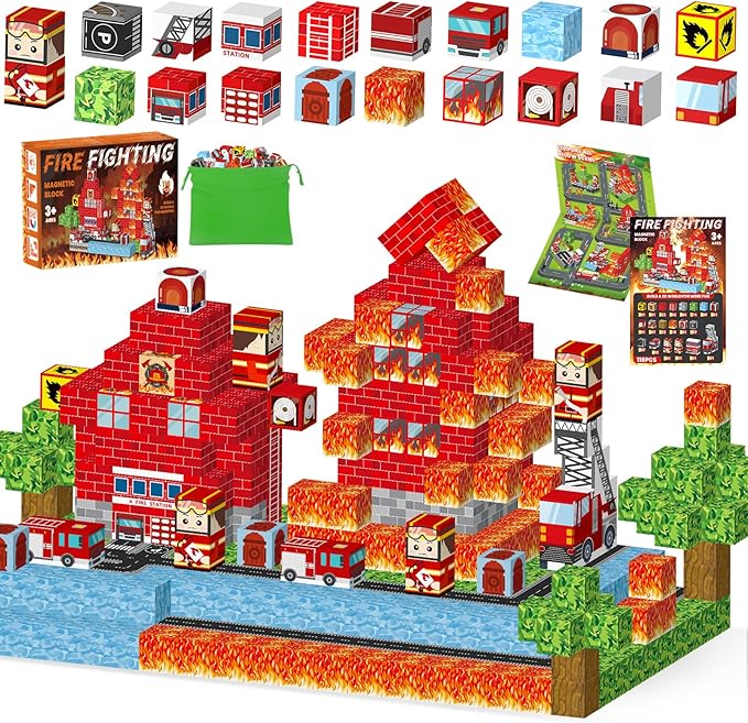 118PCS Magnetic Building Blocks - Build 3D Fire Station Construction Set, STEM Toys for Kids 3+, 1-Inch Magnetic Cubes Montessori Sensory Toys for Toddlers, Boys Girls Magnet Blocks Birthday Gifts