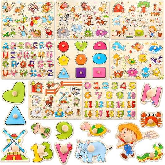 Chivao 8 Set Wooden Peg Puzzles for Toddlers 2-4 Years Alphabet Number Animal Vehicles Puzzles Board for Kids Educational Learning Toys for Children Babies Boys Girls(Cute)