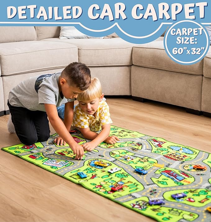 ToyVelt Kids Carpet Playmat Car Rug - Educational Road Traffic Carpet Multi Color Play Mat - Large 60” X 32” Best Kids Rugs for Playroom & Kid Bedroom - for Ages 3-12 Years Old