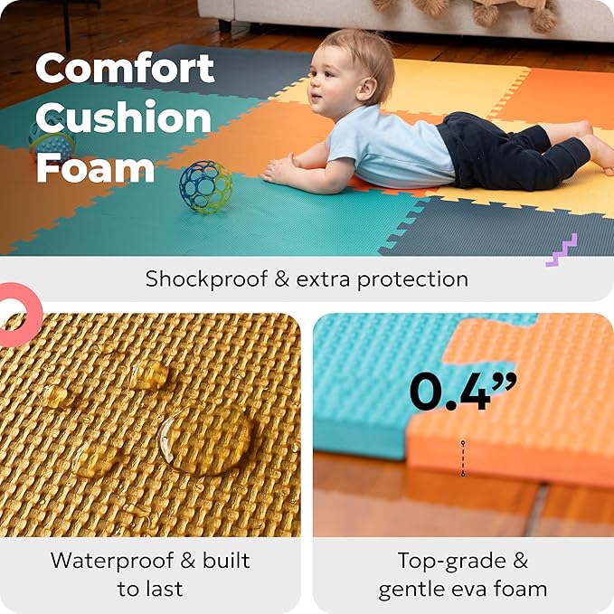 MioTetto Foam Floor Tiles for Kids - Non-Toxic Comfortable Baby Play Mat and Interlocking Foam Tiles, Fits with 74x74 Playpen Mat for Crawling & Development, Soft Play Mat for Babies 6-12 Months