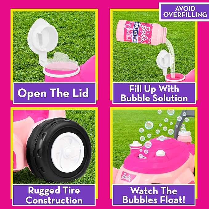Barbie Bubble Lawn Mower for Toddlers, Bubble Blowing Machines, Indoor and Outdoor Gardening Toy, Birthday, Party Favor for Preschool Girls, No Batteries Required, Includes Bubble Solution, 2+