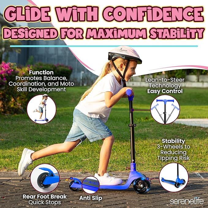 SereneLife 3 Wheel Foldable Kids Scooter - Foldable Seat, LED Wheel Lights, Adjustable Handlebar, Rear Foot Brake, Lean-to-Steer, Anti-Slip Deck, Ideal for Toddlers Kids 3+, up to 110Lbs
