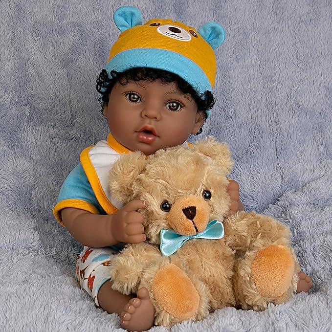 Lifelike Reborn Baby Doll 18-Inch American African Baby Boy Newborn Baby Doll Soft Cloth Body Real Life Baby Dolls for Kids 3+, Complete with Clothes and Toy Accessories