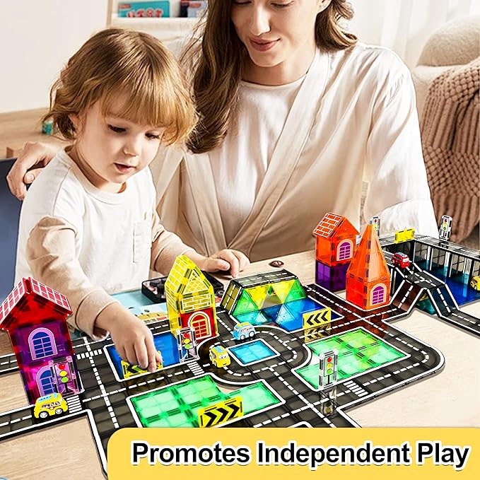 82pcs Magnetic Tiles Road, Magnetic Building Blocks Construction Toys for 3+Year Old Boys Girls, Kids Montessori Toys for Toddler, STEM Learning Gifts