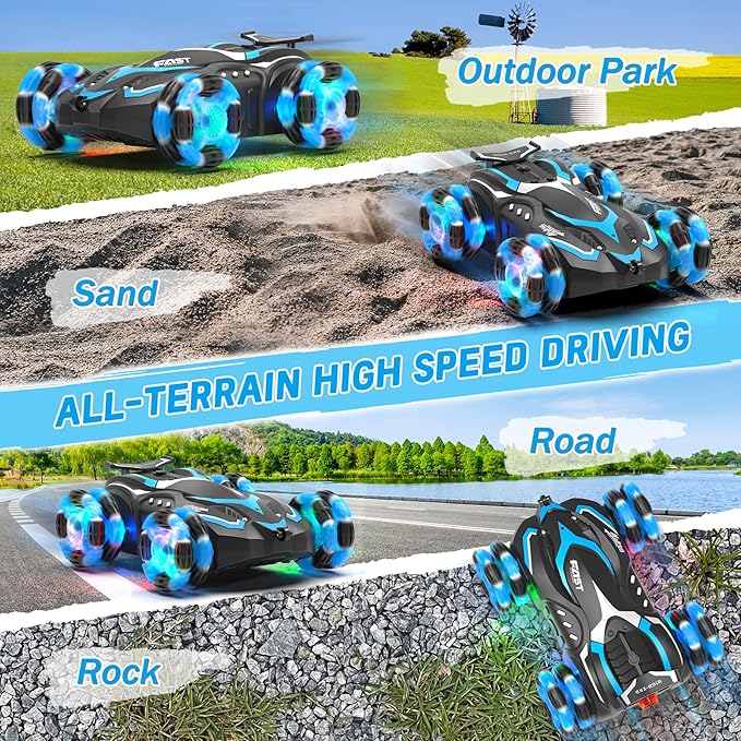 Eulogia RC Stunt Car with RGB Lights, 360° Drift & Rotation, All-Terrain Remote Control Car, Extra 2 Rechargeable Batteries, Spray, One-Key Demo, Gift for Kids Ages 5-12 (Blue)