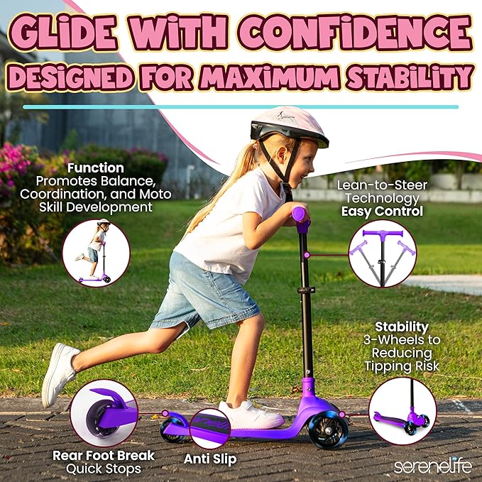 SereneLife 3 Wheel Foldable Kids Scooter - Foldable Seat, LED Wheel Lights, Adjustable Handlebar, Rear Foot Brake, Lean-to-Steer, Anti-Slip Deck, Ideal for Toddlers Kids 3+, up to 110Lbs