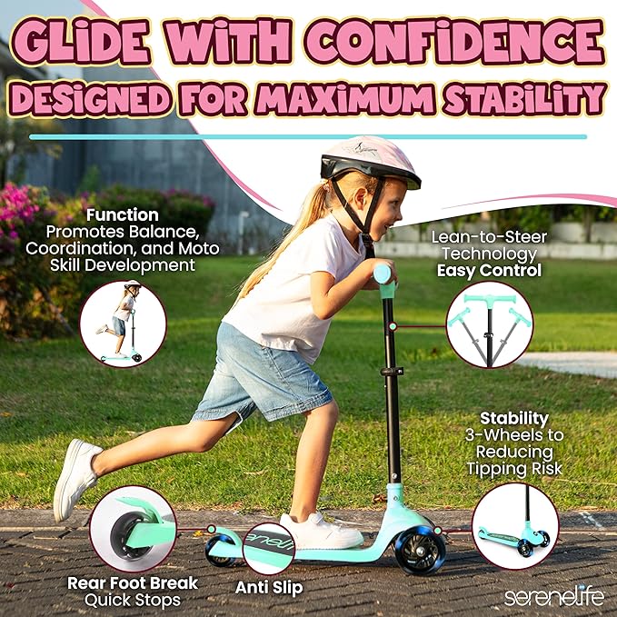 SereneLife 3 Wheel Foldable Kids Scooter - Foldable Seat, LED Wheel Lights, Adjustable Handlebar, Rear Foot Brake, Lean-to-Steer, Anti-Slip Deck, Ideal for Toddlers Kids 3+, up to 110Lbs
