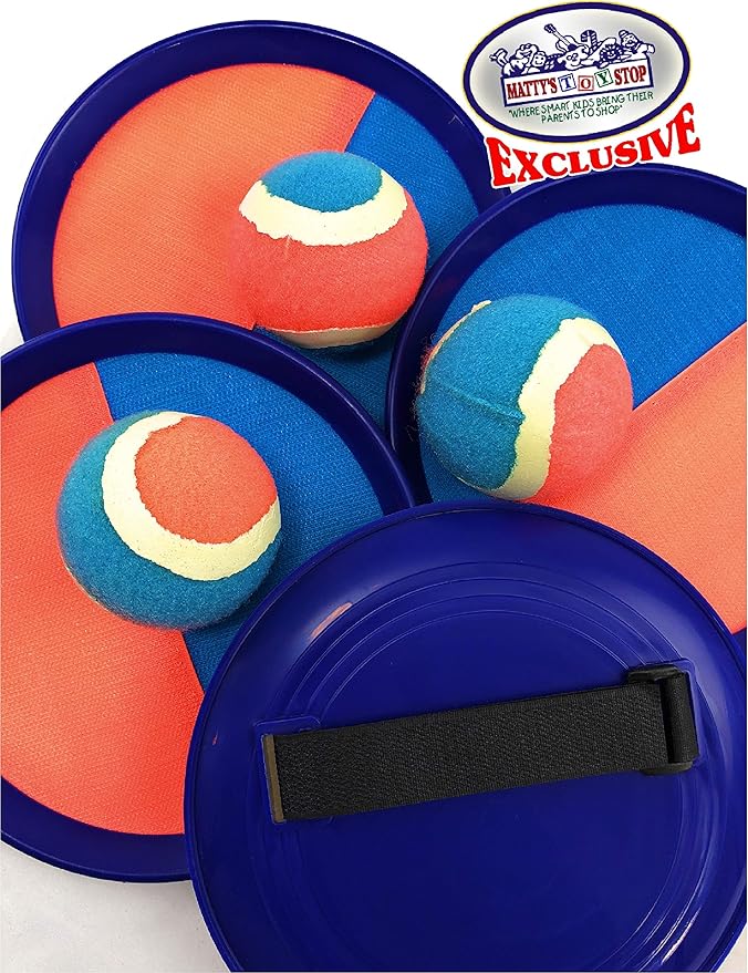 Matty's Toy Stop Deluxe Toss & Catch (Hook & Loop) Tropical Colors Paddle Game Set with 4 Paddles, 3 Balls & Storage Bag - Classic Outdoor Game, Perfect for The Beach, Backyard or in The House!