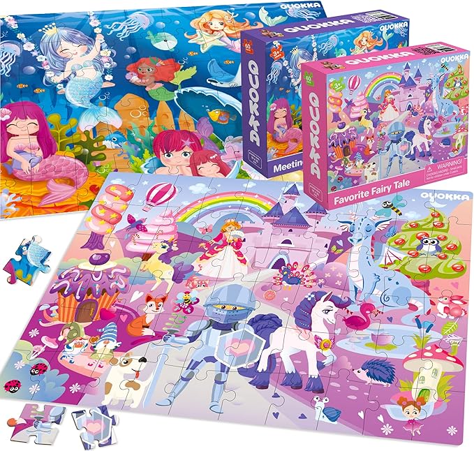 QUOKKA Puzzles for Kids Ages 4-6 - Set of 4x60 Jigsaw Puzzles for Toddlers 3-5 - Unicorn Princess Animals Toys for Children 6-8 yo - Gift Educational Game for Boys & Girls