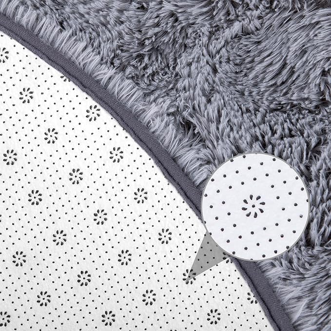 junovo Round Rug 6x6 Feet Fluffy Soft Area Rugs for Kids Girls Room Princess Castle Plush Shaggy Carpet Cute Circle Nursery Rug for Kids Teen's Bedroom Home Decor Large Circular Carpet, Grey