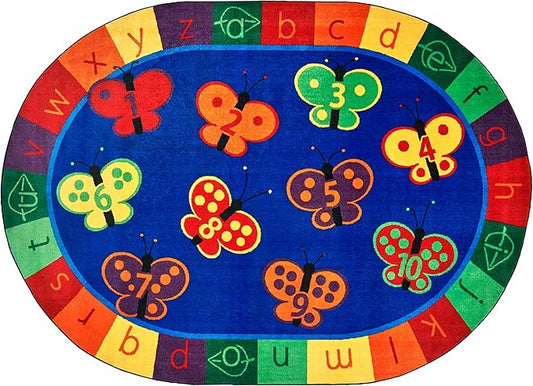 Carpets for Kids 3503 KIDSoft 123 ABC Butterfly Fun Classroom Counting Rug 3ft 10ft x 5ft 5ft Oval Blue