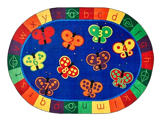 Carpets for Kids 3507 KIDSoft 123 ABC Butterfly Fun Counting Classroom Nursery Room Rug 8ft x 12ft Oval Blue