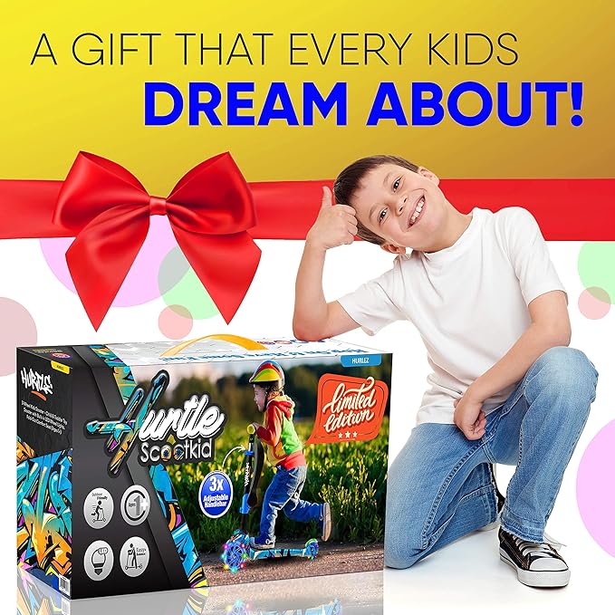 Hurtle 3-Wheeled Scooter for Kids - Wheel LED Lights, Adjustable Lean-to-Steer Handlebar, and Foldable Seat - Sit or Stand Ride with Brake for Boys and Girls Ages 1-14 Years Old