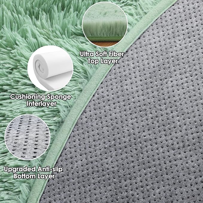 ONASAR Sage Green Round Area Rugs 5ft, Fluffy Soft Bedroom Circle Rug for Kids Girls Boys Teen Room, Cute Furry Plush Shaggy Carpet Floor Mat for Nursery Living Room Playroom Dorm Home Decor