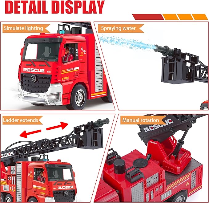 AISYAH RC Fire Engine Truck - Remote Control Fire Truck Toy with 12-Inch Ladder and Lights and Sirens, Best Gift Toy for Boys Girls