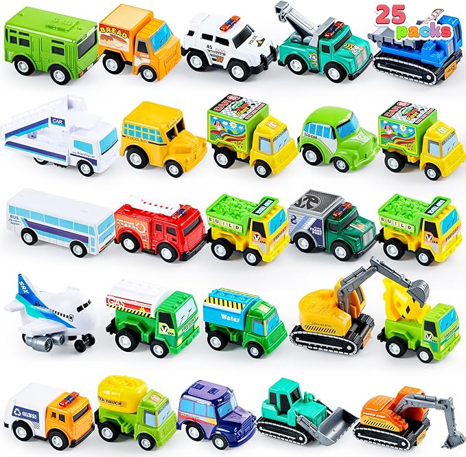 JOYIN 25 Pieces Pull Back Cars and Trucks Toy Vehicles Set for Toddlers, Girls and Boys Kids Play Set, Die-Cast Car, Kids Party Favors, Easter Stocking Stuffers, Birthday Gift
