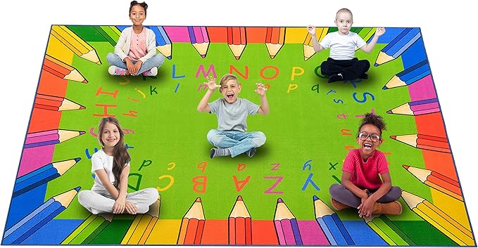 Classroom Rug for Kids Reading Area - Neutral Colorful Preschool Rug (6.5 x 8.5 ft)