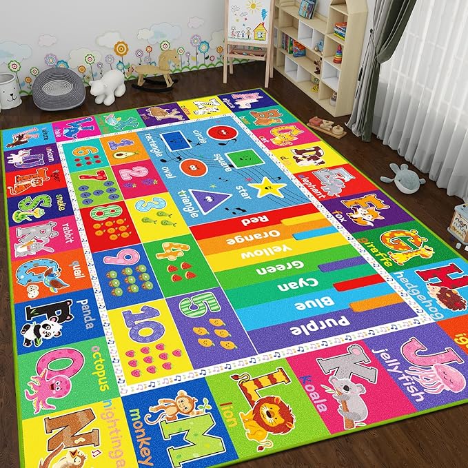 ABC Carpet, Kids Rugs for Playroom, Educational Play Mat for Kids, Preschool Rugs with ABC, Numbers, Animals Learning Rugs for Bedroom Playroom Classroom Baby Toddler Children (Blue, 78.7X59 INCH)