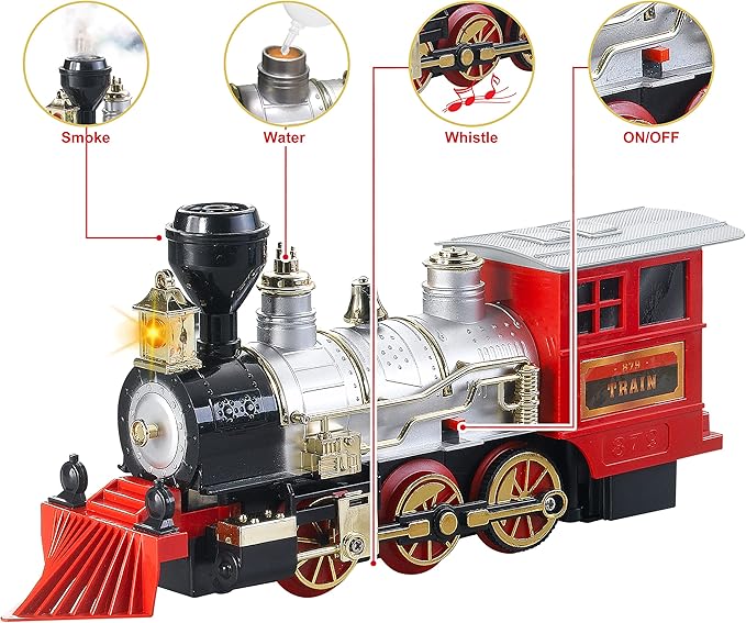 Christmas Toy Train Set, Electric Train Gift with Light, Music & Real Smoke, Travel Train Toys with steam Locomotive, Present for Boys and Girls