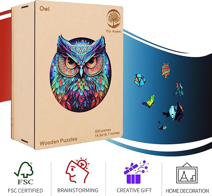 Unique Wooden Jigsaw Puzzles - Cute Owl, 200 Pcs Medium Size 11.2'' x 10.5'', Luxurious Animal Shaped Wood Puzzle, Beautiful Package, Best Gift for Adults