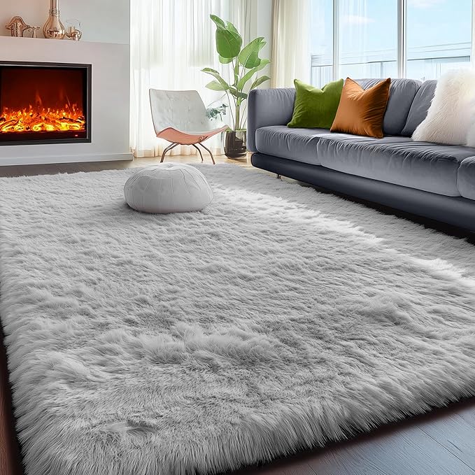 PAGISOFE Super Soft Shaggy Rugs Carpets, 5x7 Feet, Plush Washable Area Rugs for Living Room Bedroom, Furry Rugs for Nursery Playroom, Cute Room Decor for Baby, Shag Carpet for Dorm Decor, Light Grey