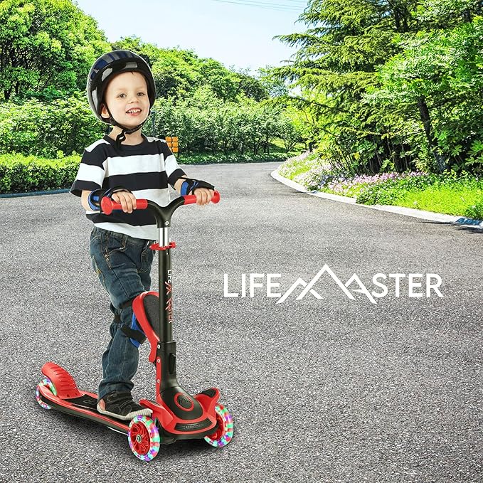 Kids Scooter – Foldable Seat – LED Wheel Lights Illuminate When Rolling – Children and Toddler 3 Wheel Kick Scooter – Adjustable Handlebar – Indoor and Outdoor- by Lifemaster