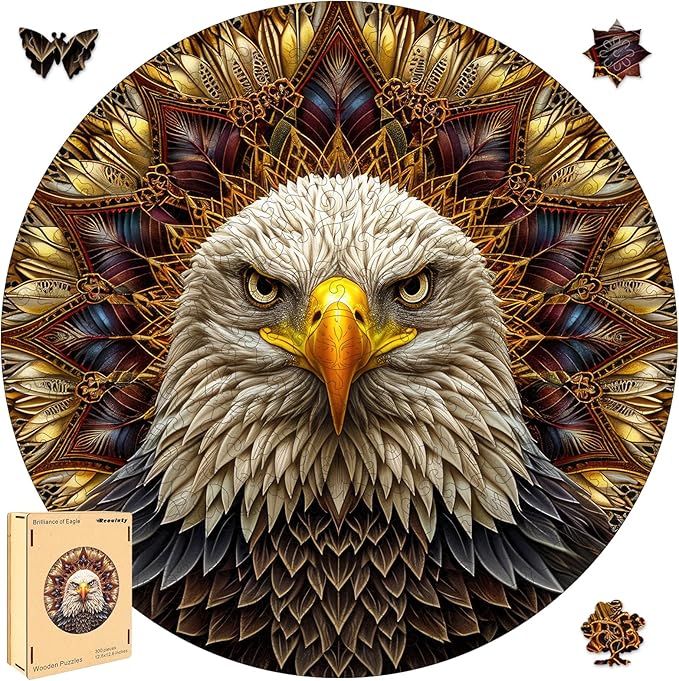 Bald Eagle Wooden Puzzle for Adults 500 Piece, Mandala Wooden Jigsaw Puzzles, Inspiring Puzzle, Beautiful Wooden Puzzle with Box Birthday Gifts for Adults and Kids Family Game(16.5 * 16.5in)