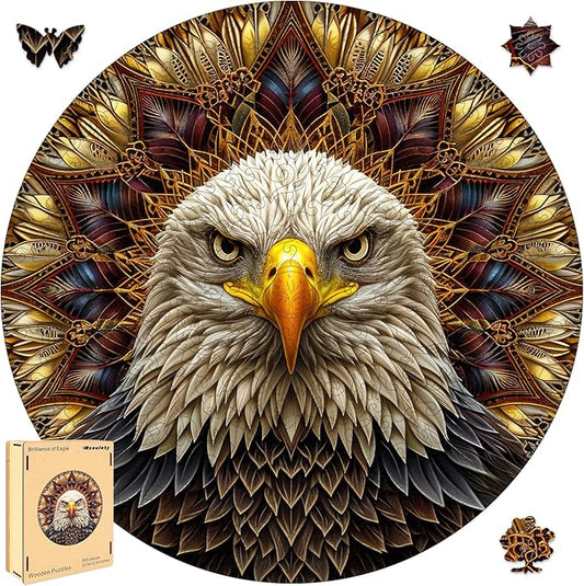 Bald Eagle Wooden Puzzle for Adults, Mandala Wooden Jigsaw Puzzles, Inspiring Puzzle, Beautiful Wooden Puzzle with Box Birthday Gifts for Adults and Kids Family Game(12.6 * 12.6in-300pcs)