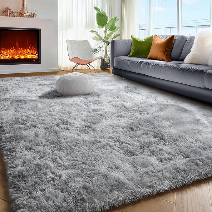 PAGISOFE Abstract Shaggy Machine Washable Area Rug 4' x 6' Plush Soft Fluffy Fuzzy Furry Carpet for Living Room, Home Decor Aesthetic Tie-Dyed Light Grey Bedside Rugs, Nursery Grils Boys Kids Room