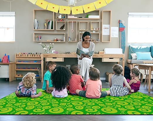 Flagship Carpets Swirl Tone on Tone Carpet for Children's Classroom and Bedroom Area Rug, Playroom or Teaching Area for Playtime and Reading, 7'6" x 12', Lime