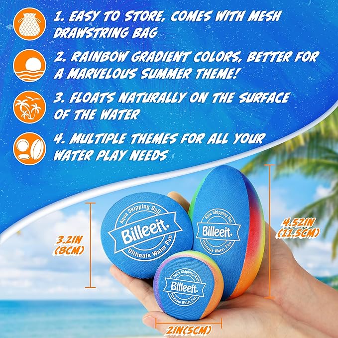 5Pcs Water Skipping Balls Set for Pool Play, Multi-Colored Splash Water Bouncing Balls, Fun Water Pool Beach Swim Toys & Games for Kids 3+ 4-8-12 and Adults