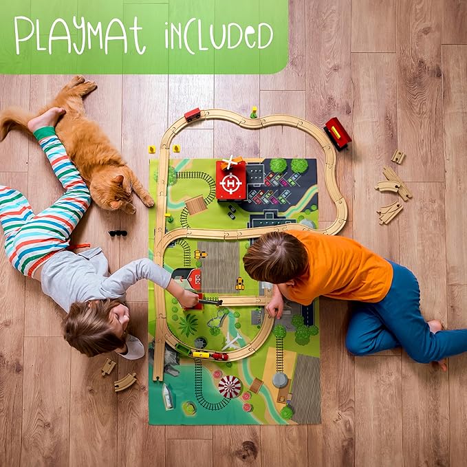 Wooden Train Tracks Set - 52 pcs+Bonus Railroad Map –Compatible W All Major Wooden Railway Toy Brands Including: Thomas The Train Track Set, Brio Train, Melissa and Doug Train Set for Kids 3+