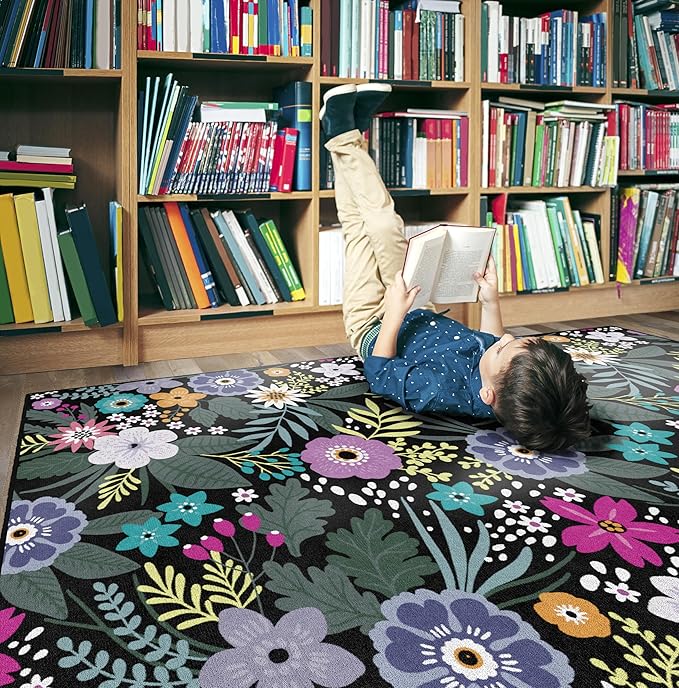 Flagship Carpets Schoolgirl Style Wildflower Educational Area Rug for Kids Room Seating Décor, Children's Classroom, Play Carpet for Teaching and Playroom, 5' x 7'6", Black & Multi
