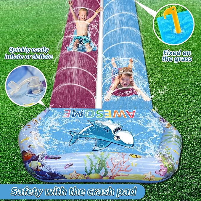 VEEST 33 FT Extra Long Water Slides for Kids Adults, Giant Double Lawn Water Slip Heavy Duty with 2 Bodyboards, Summer Water Slides Toys with Crash Pad for Backyard Outdoor