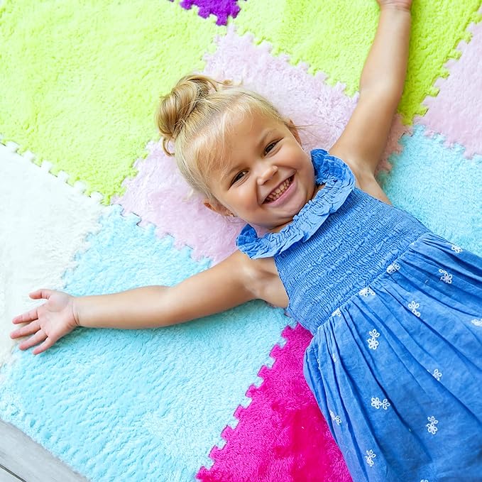 16 Piece Carpet Squares Puzzle Mat 49" x 49" Plush Interlocking Carpet Tiles, Foam Floor Tiles for Baby Play Mat - Kids Soft Play Mats Anti Slip Jigsaw Flooring Playmat Playroom Rug (Multi-Color)