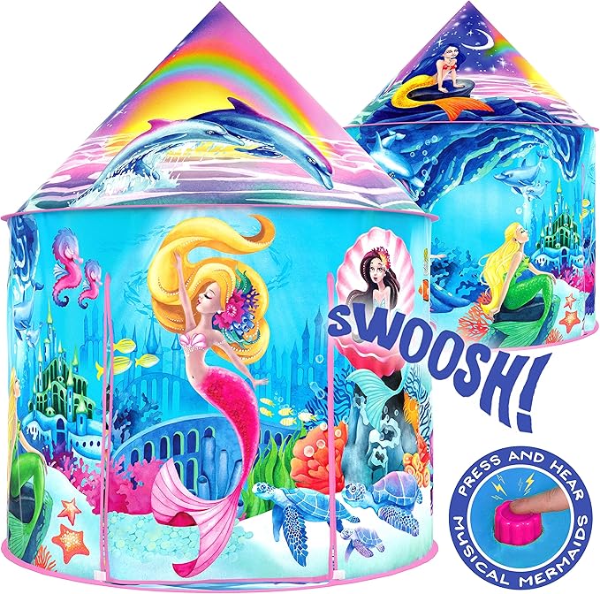 W&O Musical Mermaid Tent with Under-The-Sea Button - Captivating Pop Up Tent for Girls - Perfect for Indoor & Outdoor Play