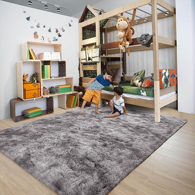 5x8 Fluffy Soft Living Room Bedroom Rug, Large Tie-Dyed Grey Area Rugs Shaggy Carpet for Living Room Classroom Kids Babys Playroom Toddler Nursery Dorm Home Decor, Modern Indoor Non Slip Rug
