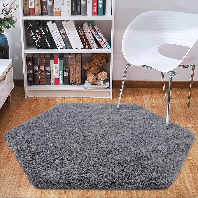 junovo Ultra Soft Rug for Nursery Children Room Baby Room Home Decor Dormitory Hexagon Carpet for Playhouse Princess Tent Kids Play Castle, Diameter 4.6 ft, Grey