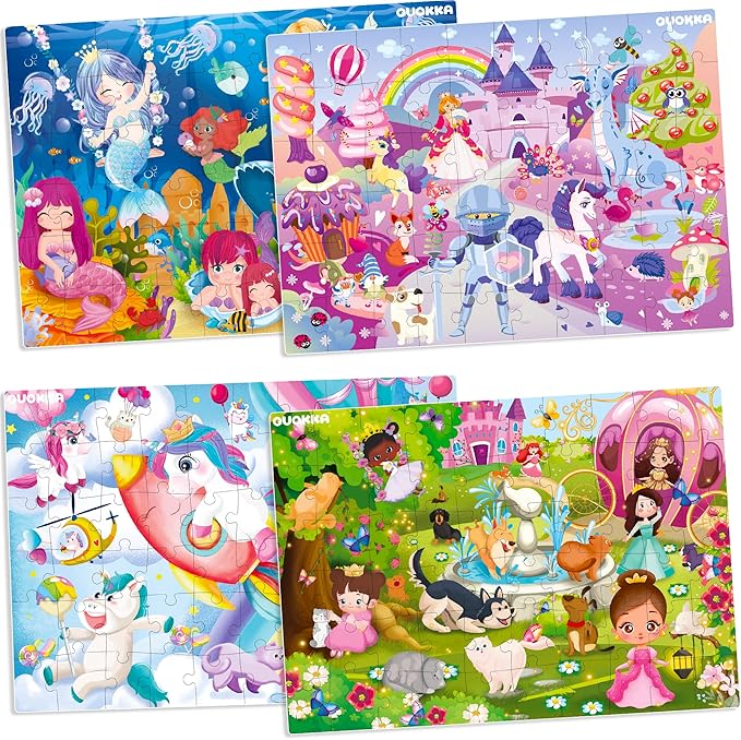 QUOKKA Puzzles for Kids Ages 4-6 - Set of 4x60 Jigsaw Puzzles for Toddlers 3-5 - Unicorn Princess Animals Toys for Children 6-8 yo - Gift Educational Game for Boys & Girls
