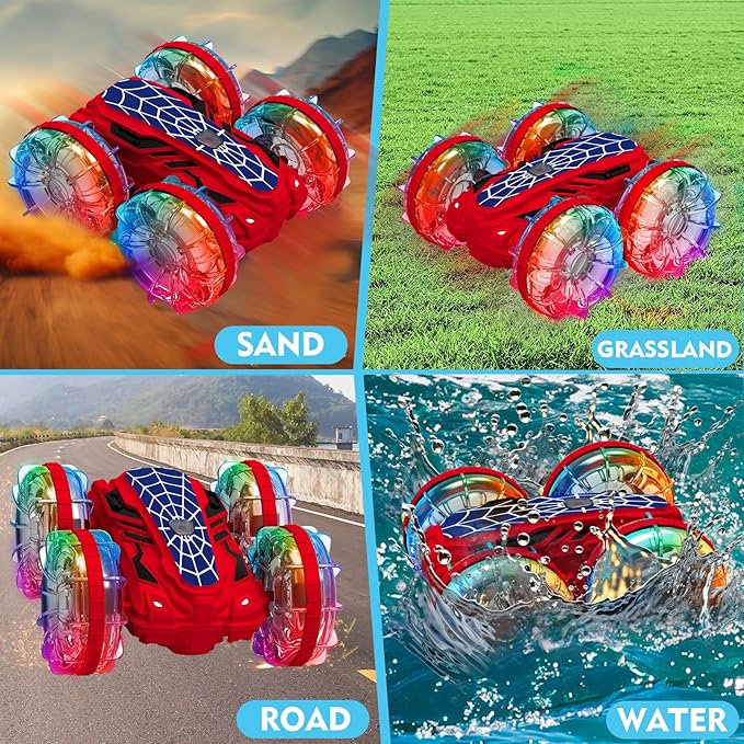 Spider Amphibious Remote Control Car Boat, 4WD Waterproof 2.4 GHz Pool Toys for Ages 6 7 8 9 10 11 12, 360° Gesture Sensing RC Stunt Car with LED Lights, Boys Girls Gifts All Terrain Water Toy