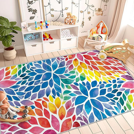 Abstract Rainbow 3x5 Entryway Rugs Colorful Dahlia Floral Rugs Multicolor Area Rug, Non-Slip Machine Washable Entrance Mat Carpet for Playroom Nursery Dining Room Kitchen Laundry 3' x 5'